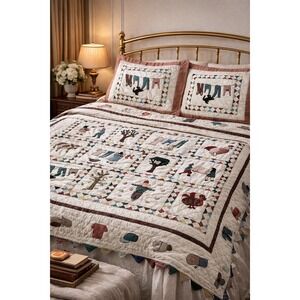 Vintage Storybook Applique Quilt Set 82x80 w/ 2 Shams